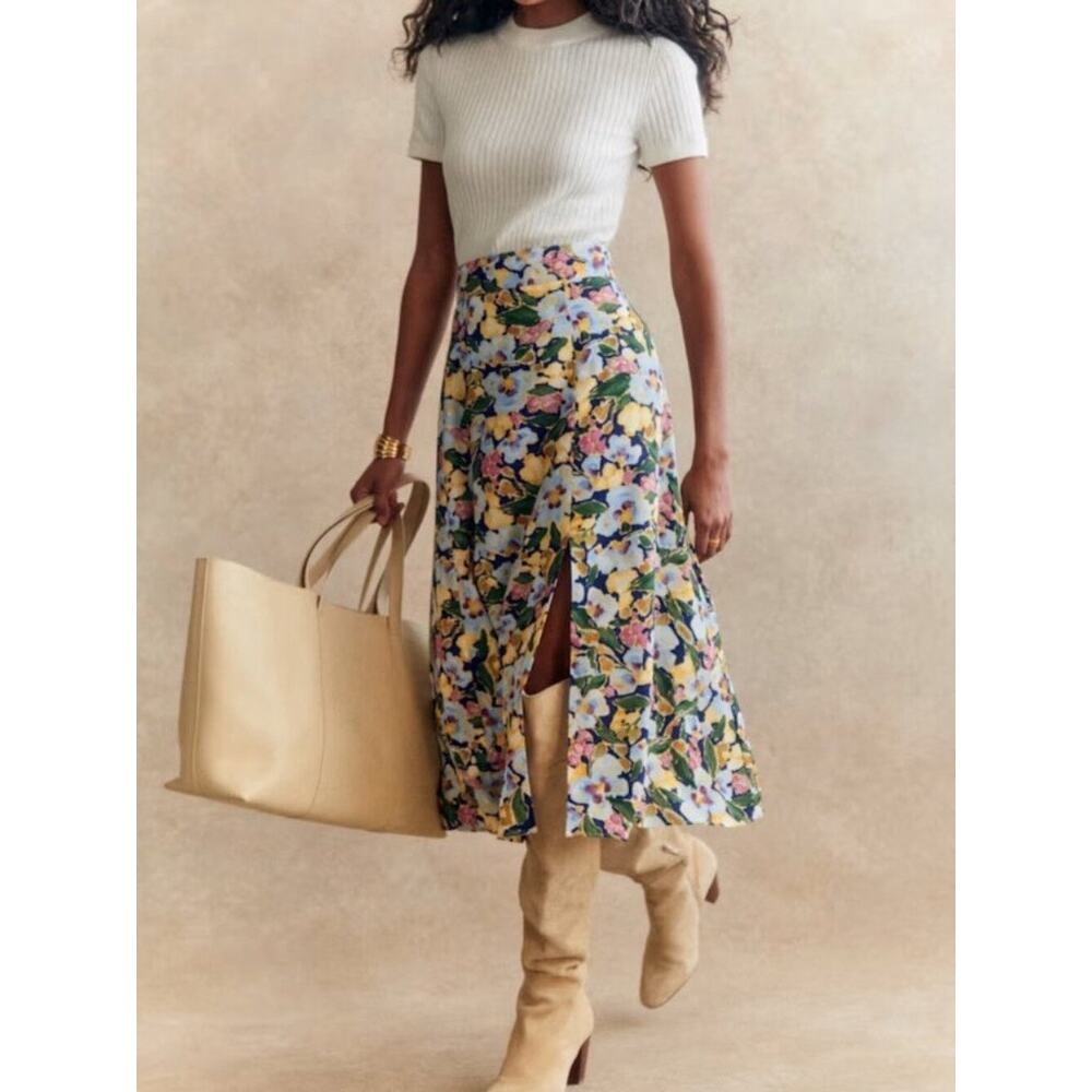 Sezane x Aimie Tabata Skirt Poetry Blue Midi Women's 38/ US 6 Floral A-Line